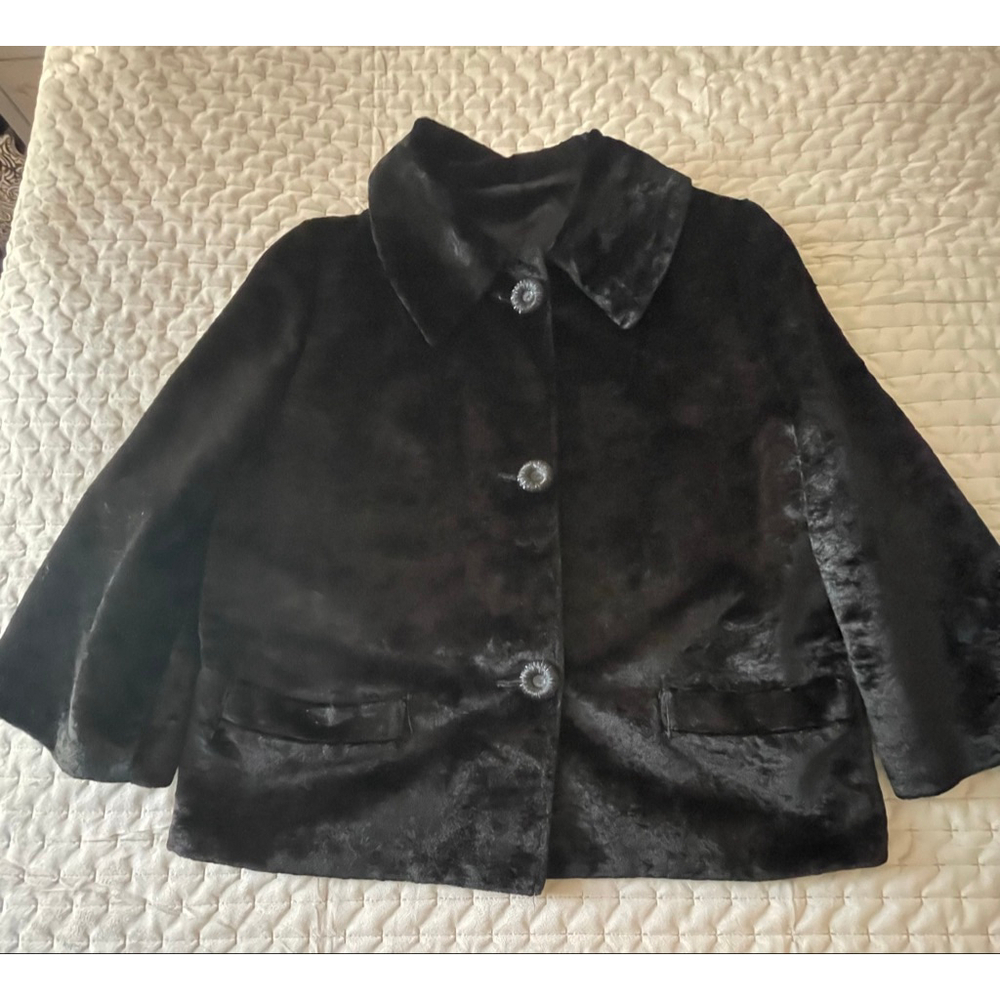 1950s Black Crushed Velvet Swing Coat w/ Rosette Buttons Old Hollywood L - Picture 9 of 9